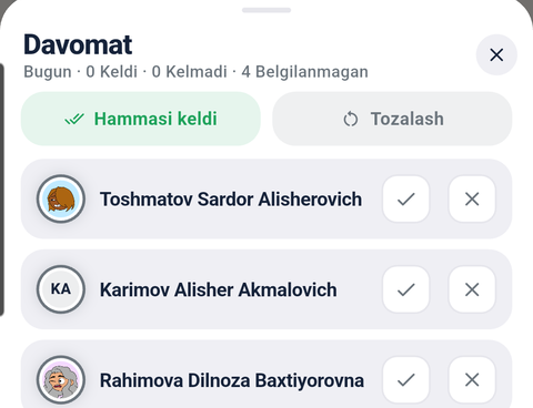 Davomat belgilash varag'i: har o'quvchiga keldi/kelmadi tugmalari.