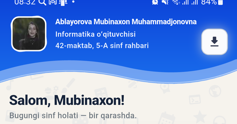 O'qituvchi profili: Ablayorova Mubinaxon, informatika o'qituvchisi, 5-A sinf rahbari.
