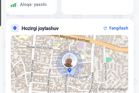 Jonli xarita: bolaning hozirgi joylashuvi, «Uyda» holati va manzil.