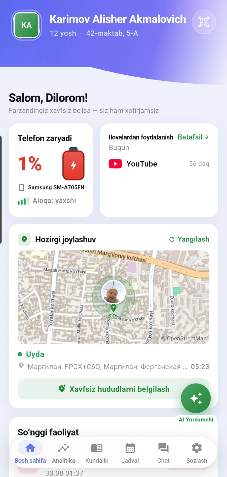 EduGuard ilovasi: bolaning jonli joylashuvi xaritada