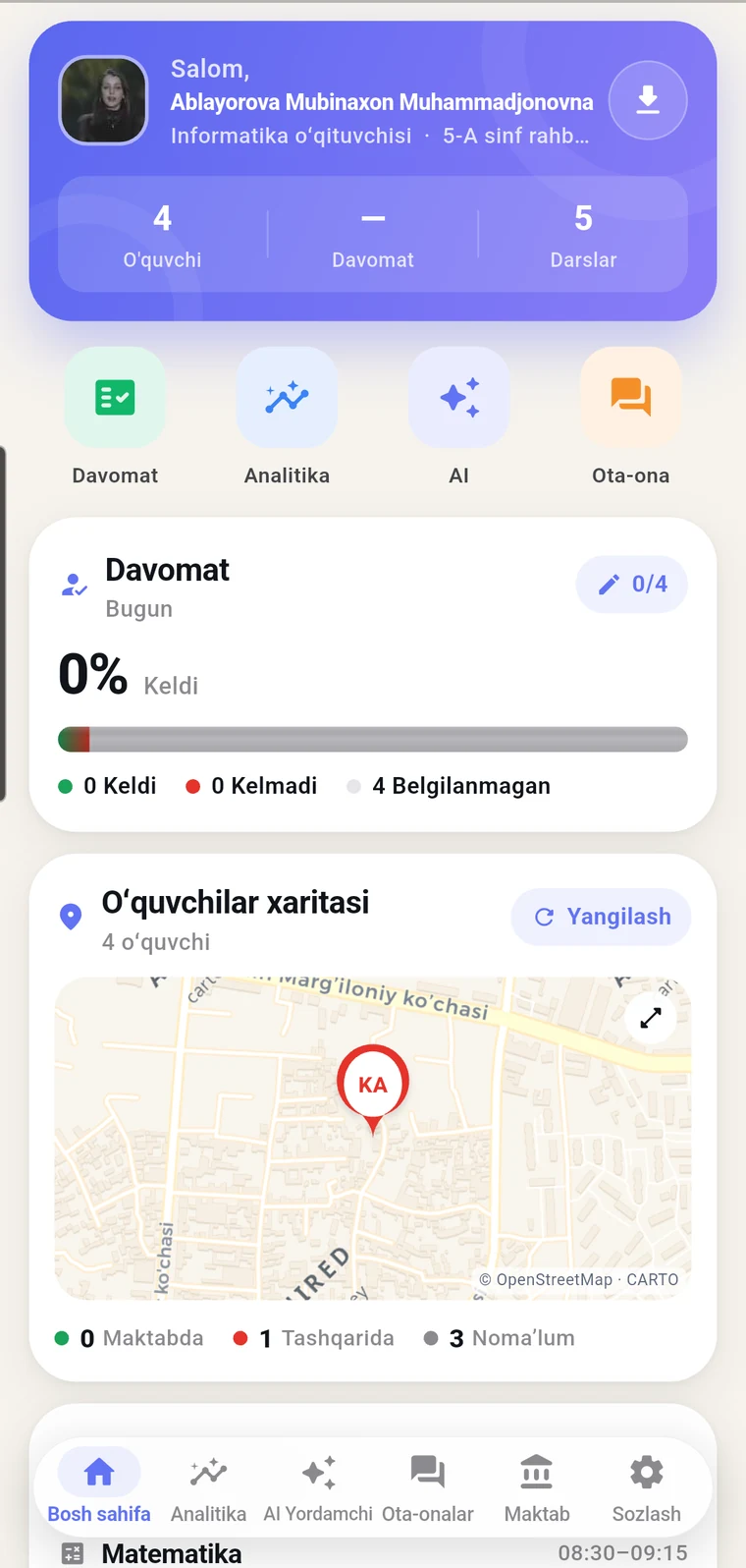 O'qituvchi ilovasi: davomat, sinf xaritasi, statistika