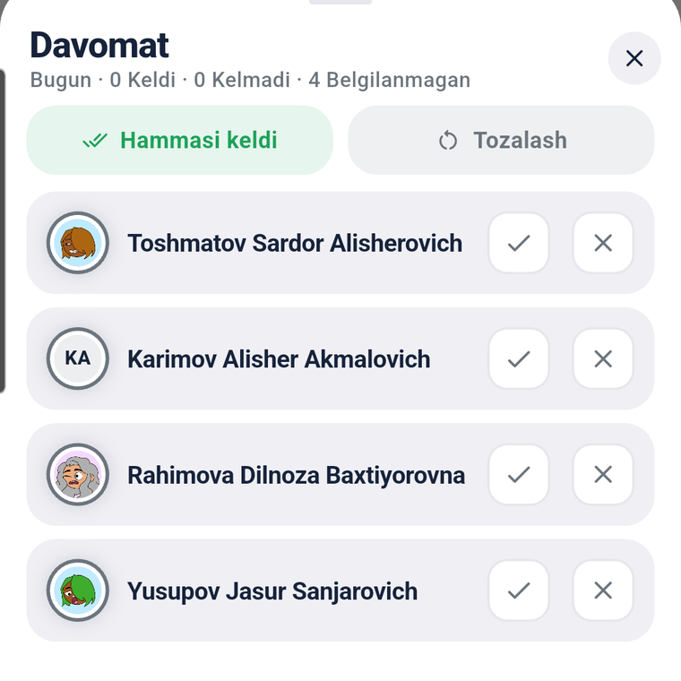 Davomat belgilash oynasi