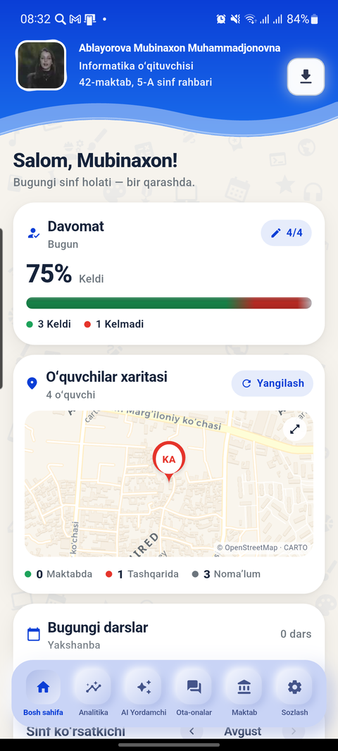 O'qituvchi ilovasi: davomat va sinf xaritasi